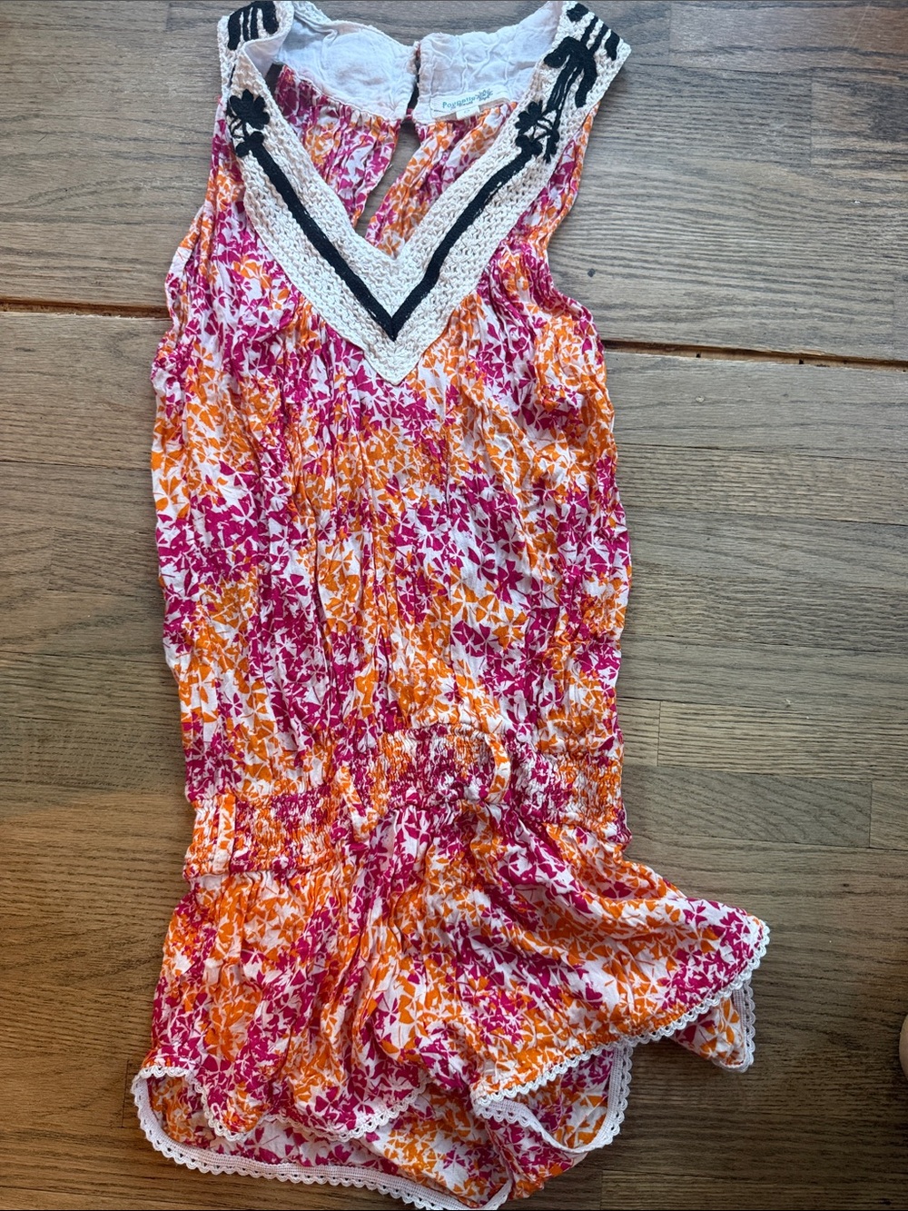 Poupette St. Barth White, Pink & Orange Floral Crochet Detail Top